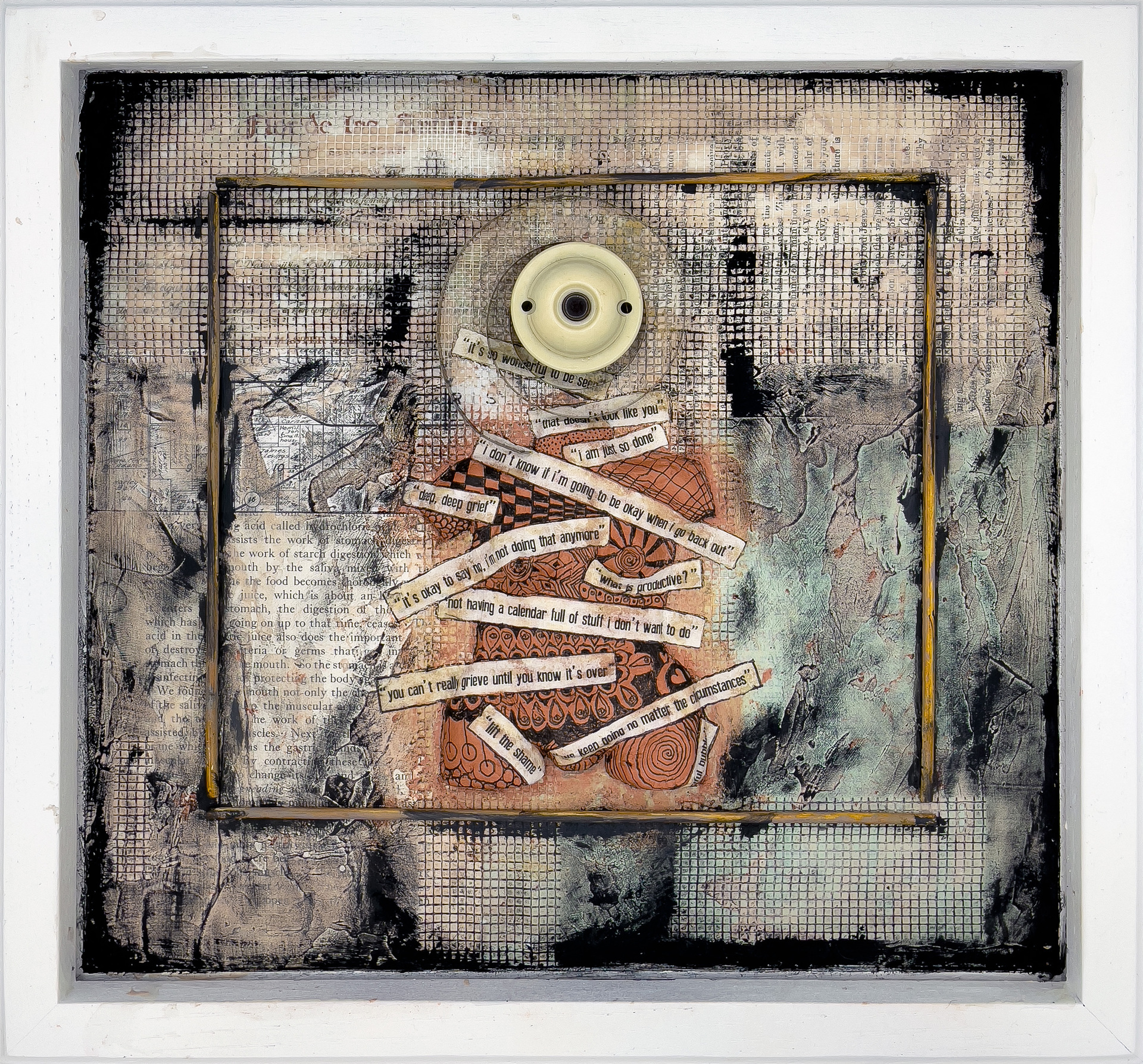 Monica Marks mixed media collage that projects our lives post pandemic. The work features a doorbell and strips of paper with text depicting how we will handle the new normal. One piece says 
