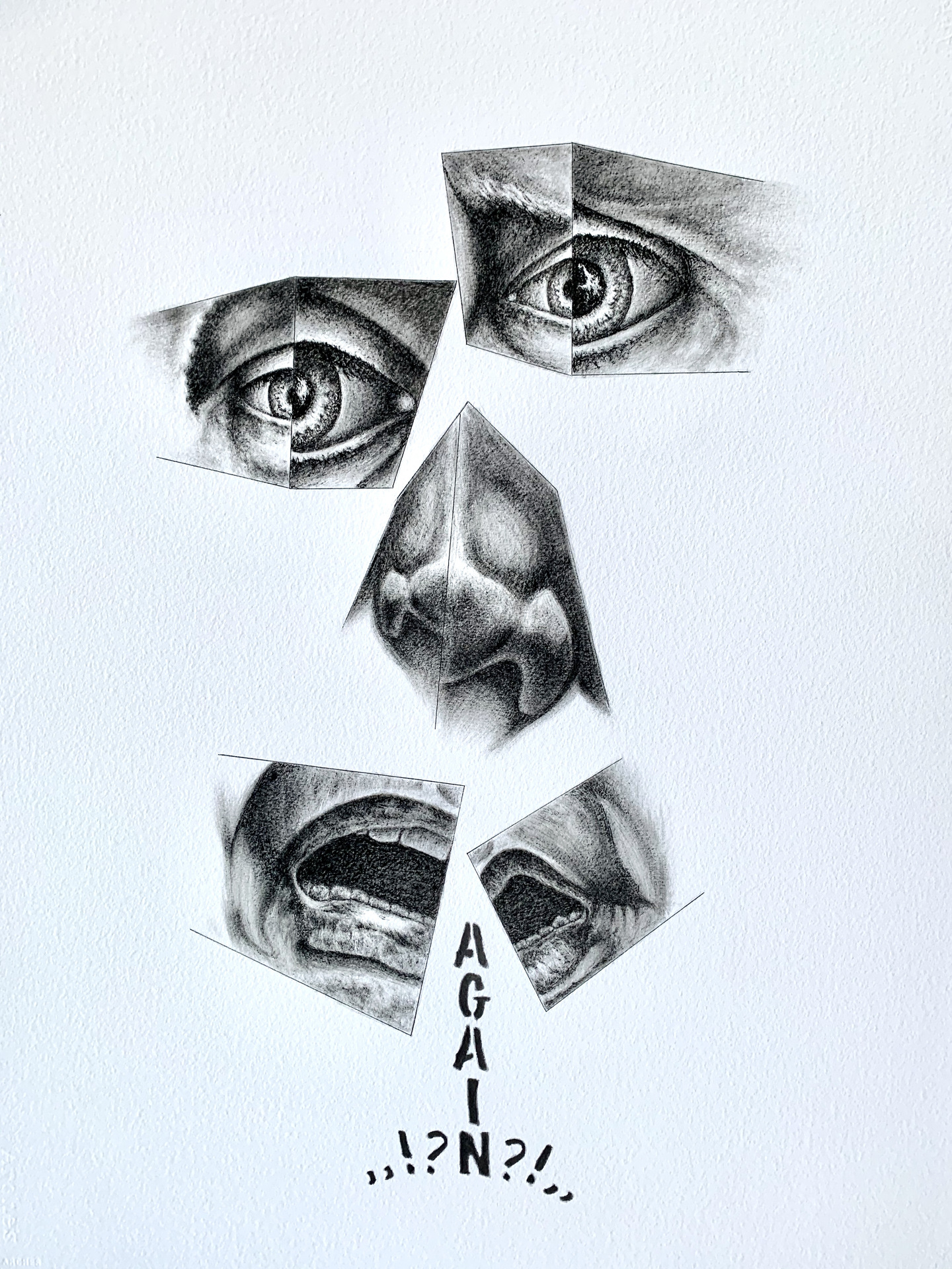 Chess Broadnik Sumi-e Ink on Paper Drawing of Disjointed Distressed Face Features
