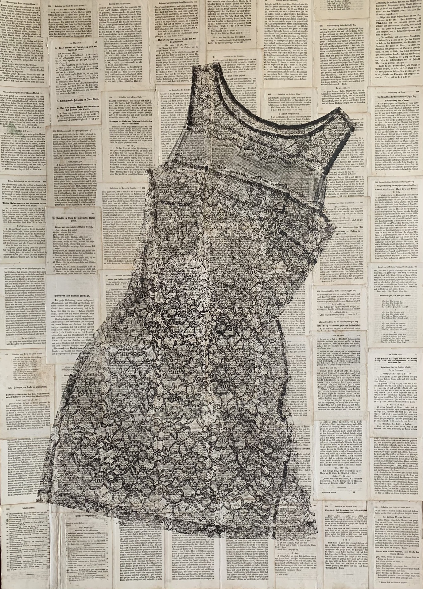 Andra Broekelschen Print of Little Black Dress on Background of Prayer Book Pages