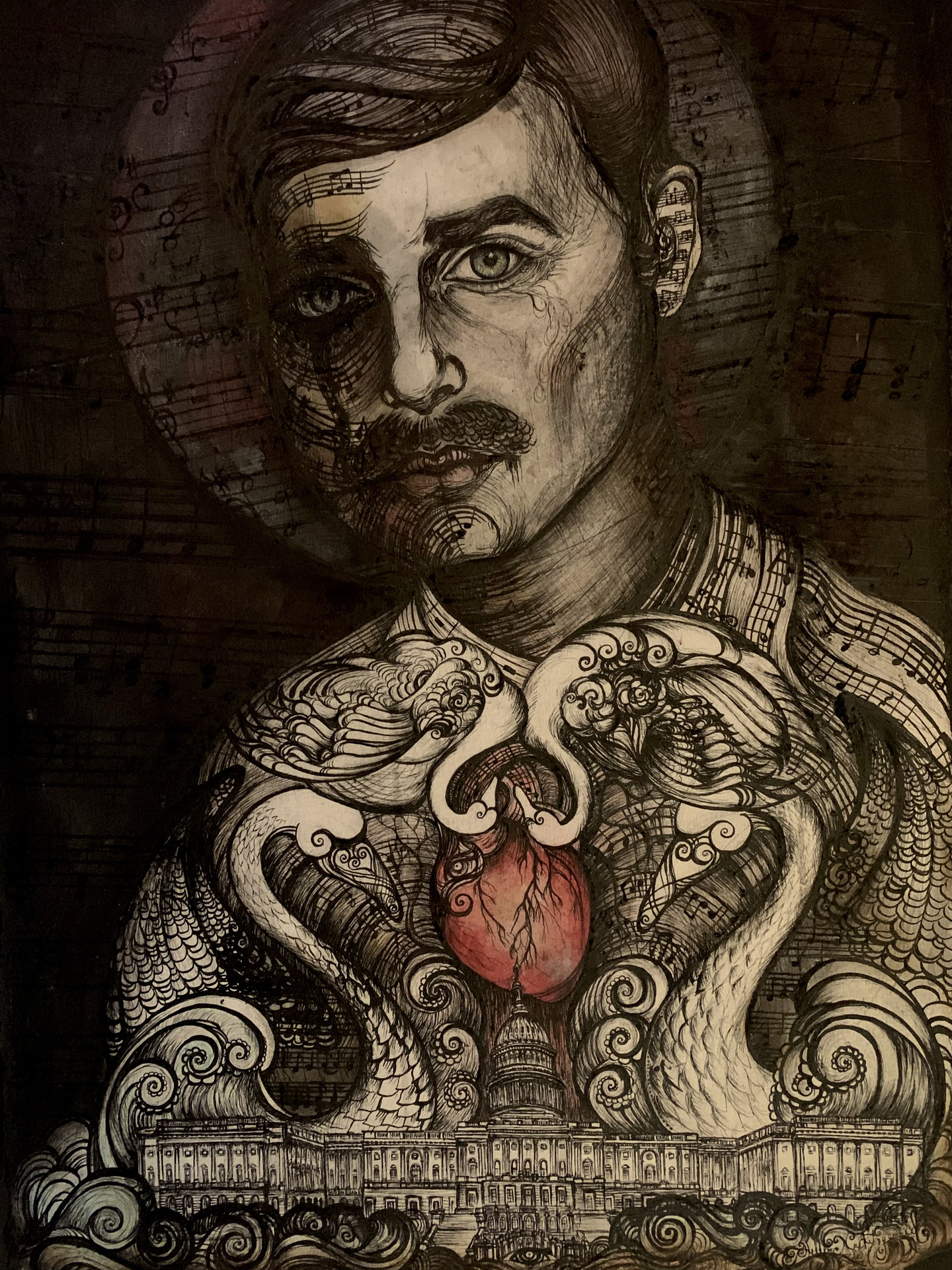 Hellenmae Fitzgerald Birch mounted ink and fire on paper drawing