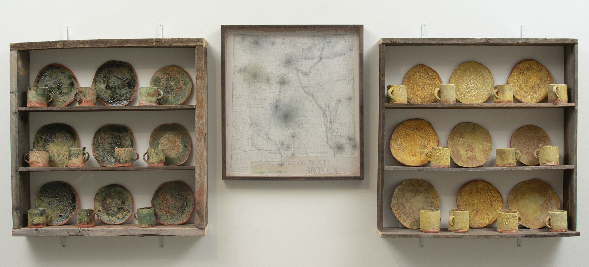 Sheri Kotowski three parts ceramics wood paper ink and clay includes plates and mugs