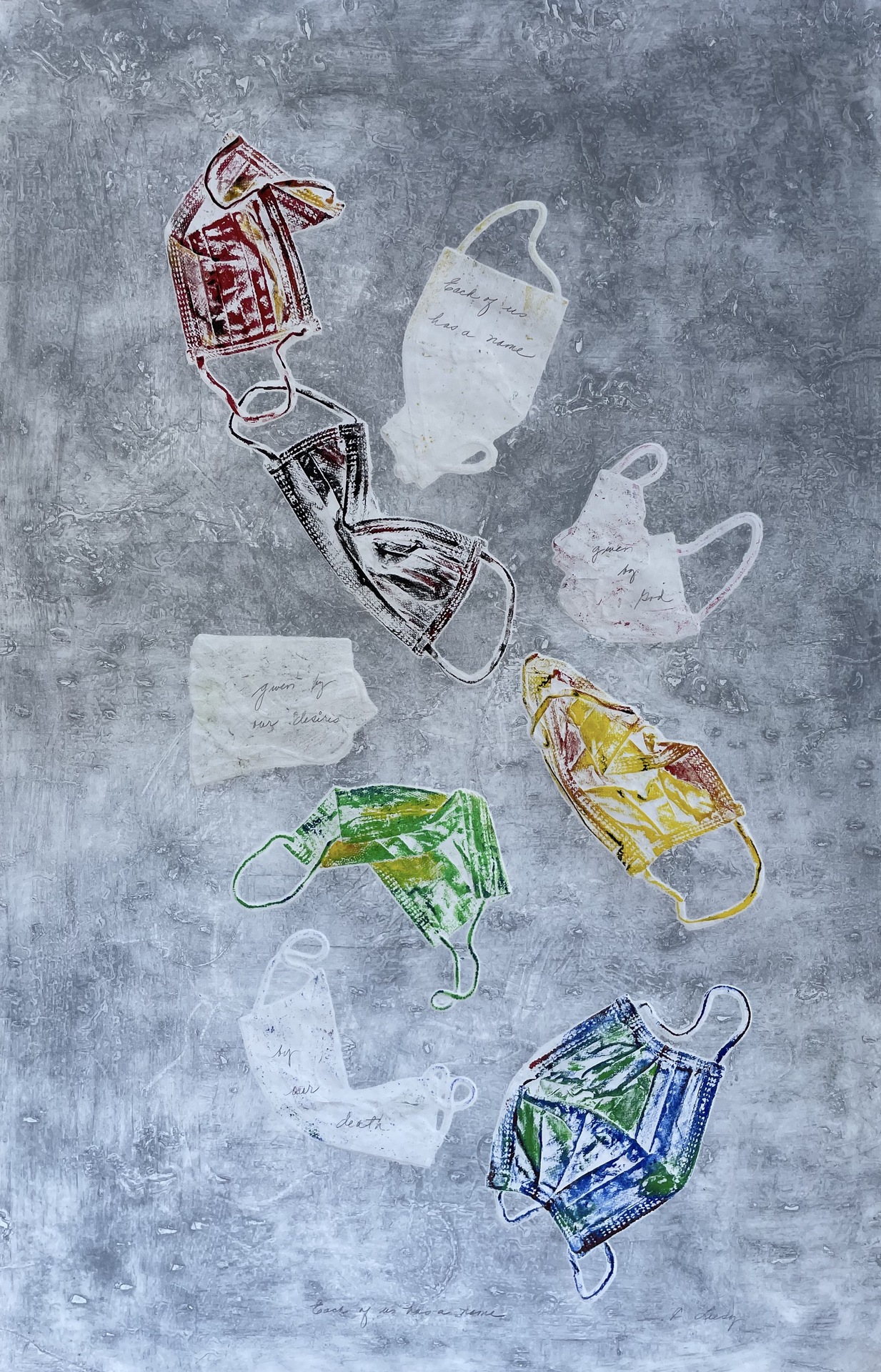 Carilyn Liesy collograph drawing on rice paper medium with face masks that symbolize lossed during the Covid-19 pandemic. It is titled 