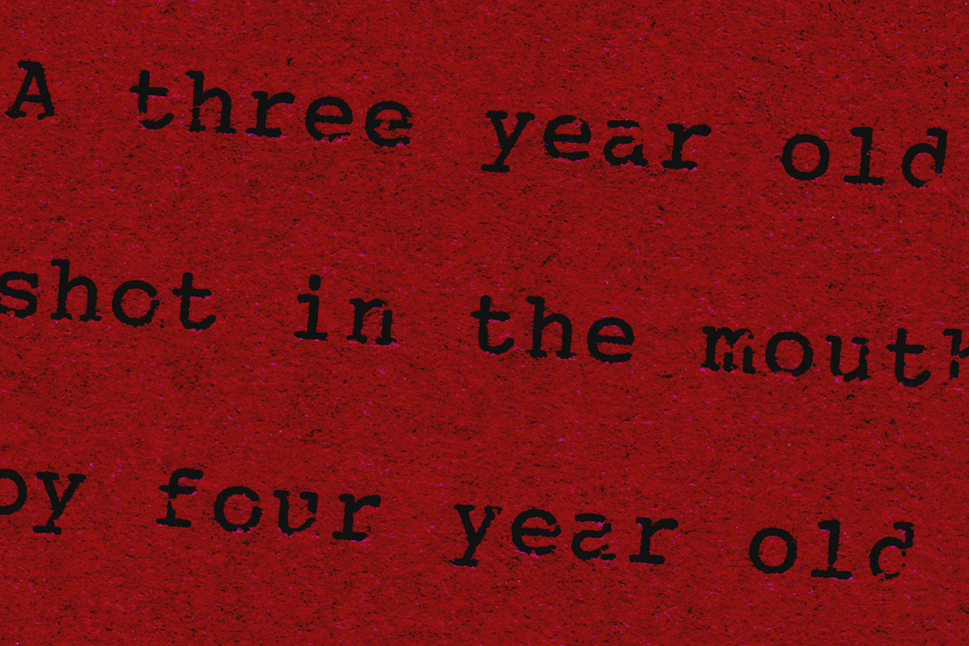 M. Robert Markovich deep crimson print with partial sentence text in black. The font resembles old typewriter strokes. Words reference accidental gun violence. Titled Gun Show/Collateral damage 