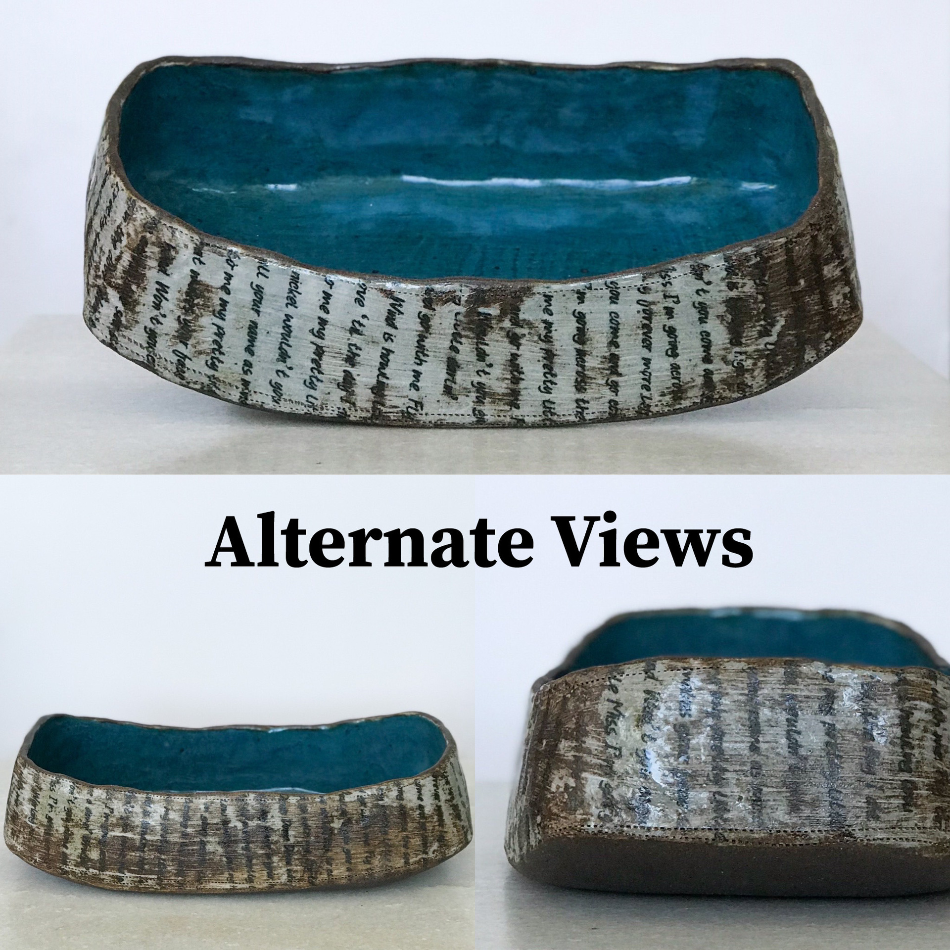 Gail Miles clay sculpture that evokes the sea and travel. Text is song lyrics described in the artists' statement. 